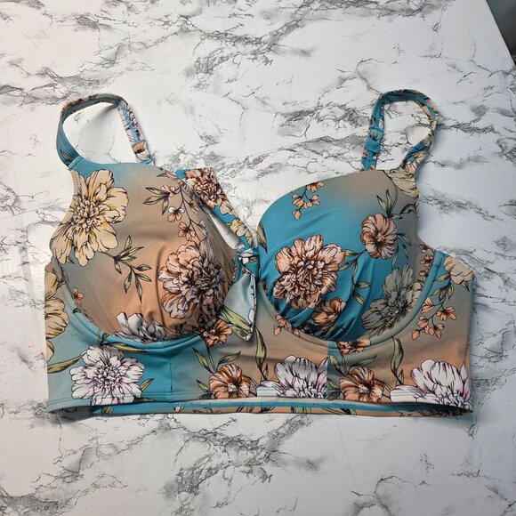 Torrid Peach Blue Floral 2 Piece Bathing Suit Set Underwire Skirt Summer Beach - Picture 2 of 8